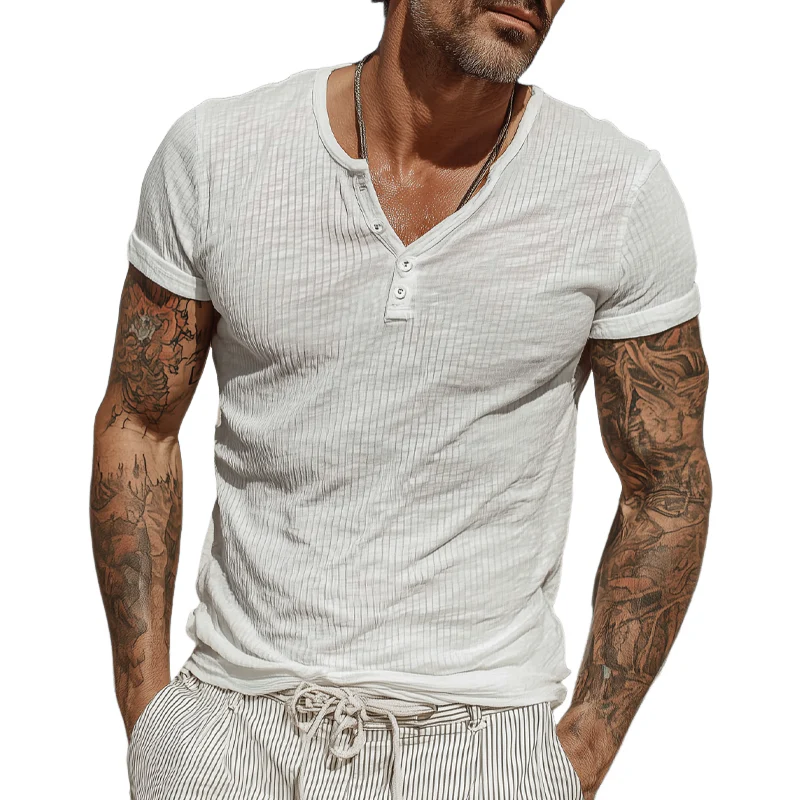 Edward | Men'S Solid Color Knitted Striped Textured Henley Collar Short-Sleeved T-Shirt