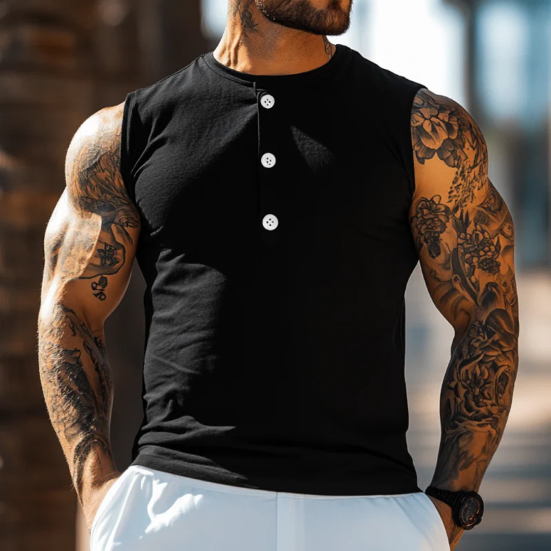 Edwin | Men'S Casual Breathable Cotton Henley Collar Slim Fit Sports Tank Top - Image 5