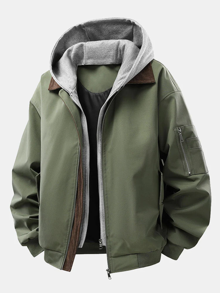Efraín® | Relax Fit Contrast Corduroy Bomber Jacket With Detachable Hood