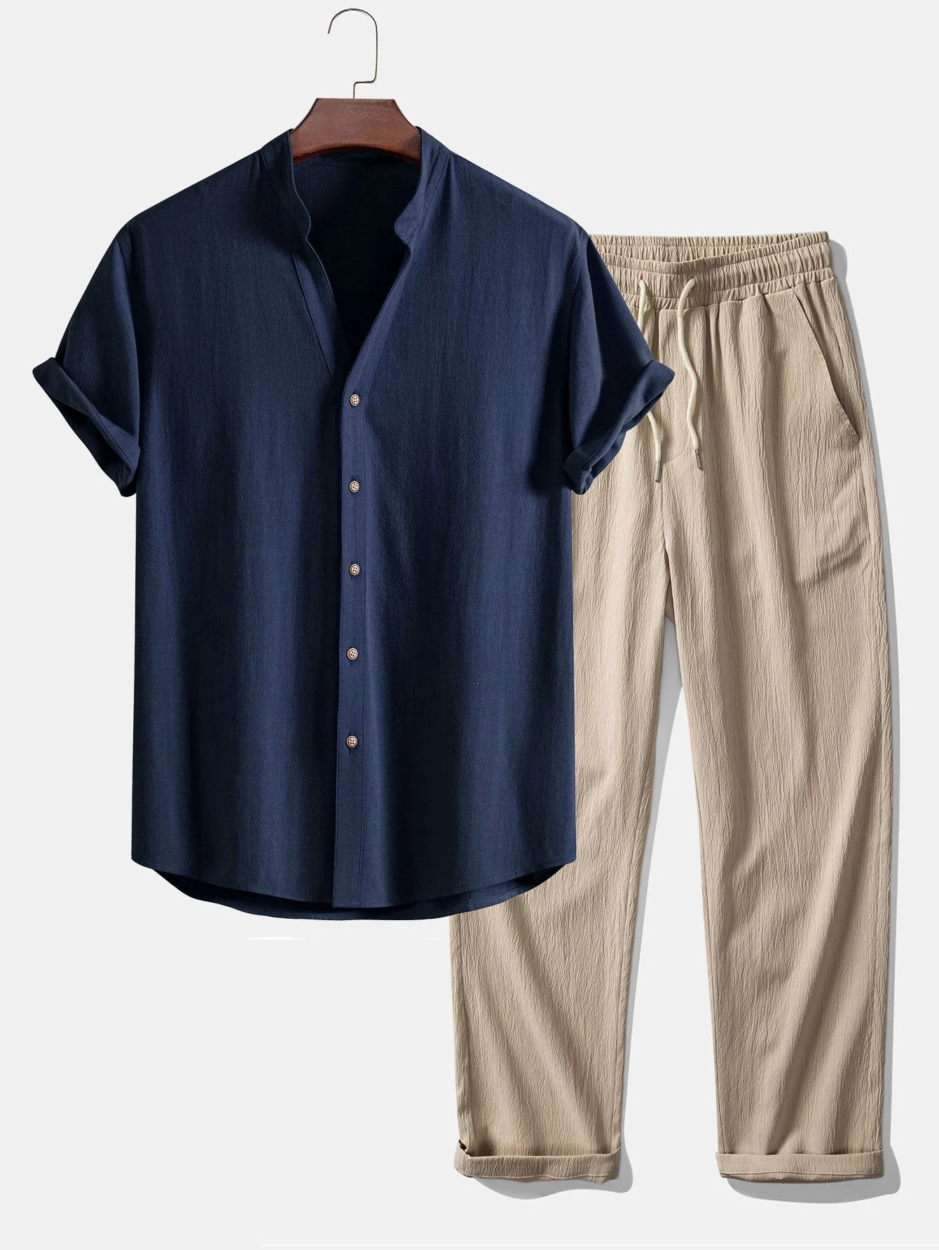 Eli® | Short Sleeve V Neck Linen Rayon Blend Shirt & Wrinkle Textured Straight Leg Pants - Image 2