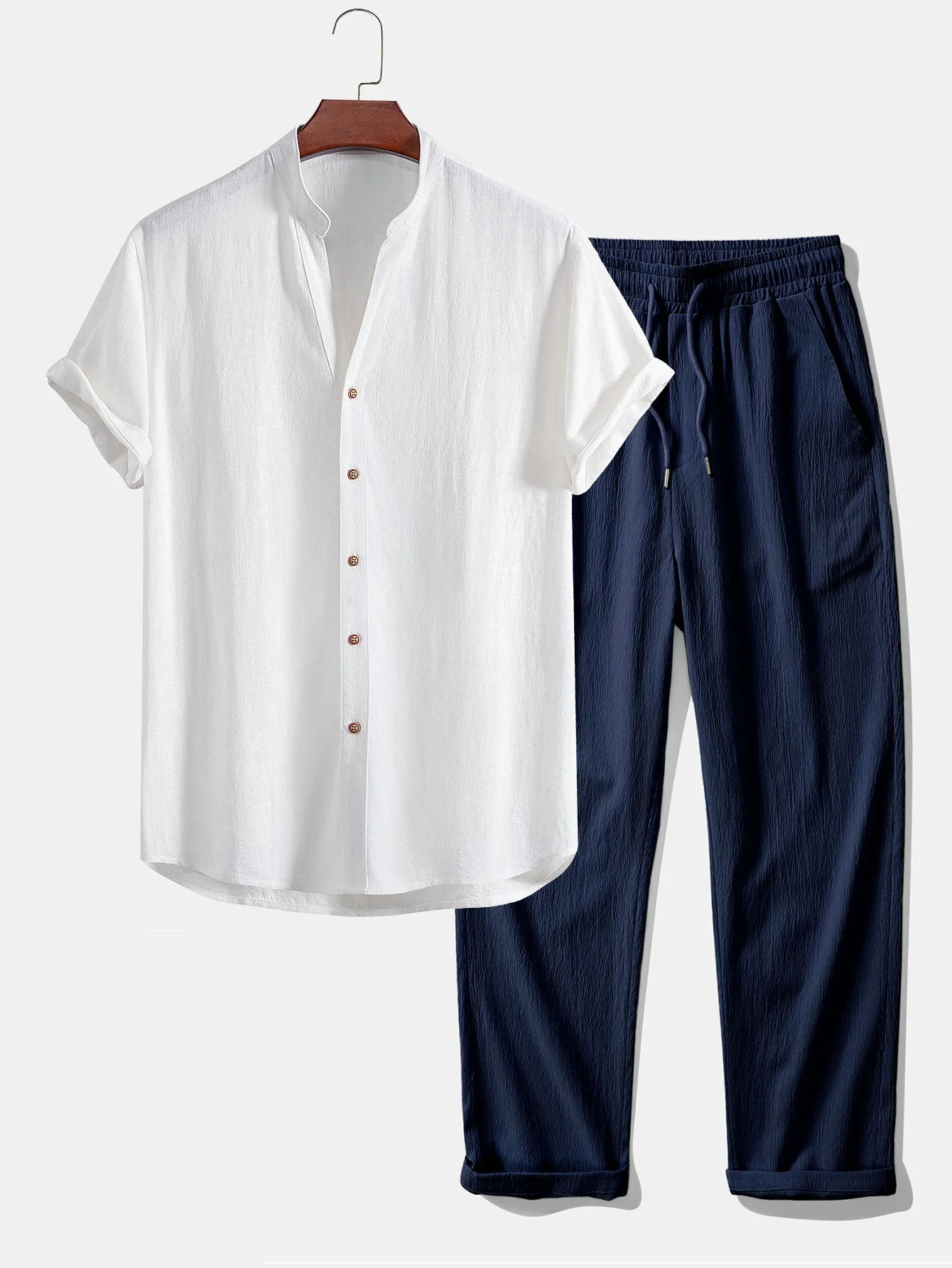 Eli® | Short Sleeve V Neck Linen Rayon Blend Shirt & Wrinkle Textured Straight Leg Pants - Image 6