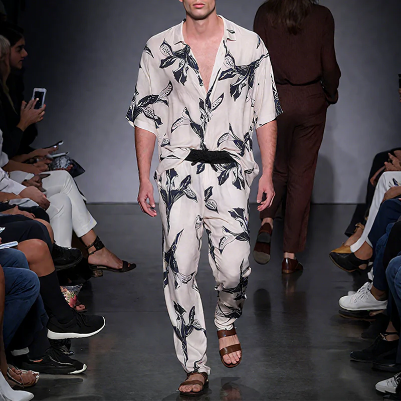 Eli | Men'S Spring And Summer Fashion Casual Satin Printed Short Sleeve Shirt Elastic Waist Pants Set - Image 2