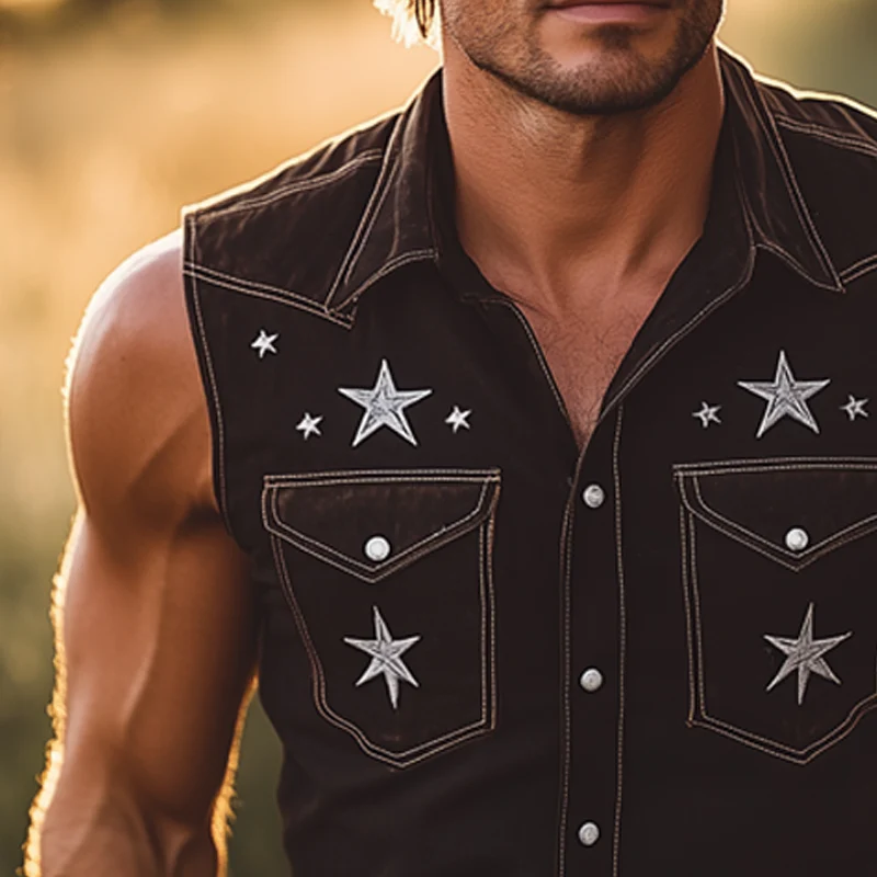 Eli | Men'S Summer Western Style Star Embroidered Sleeveless Shirt - Image 4