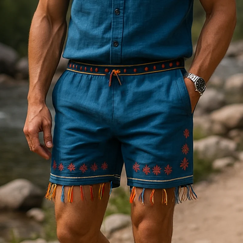 Emil | Men'S Summer Fashion Embroidery Tassel Slub Linen Casual Shorts - Image 2