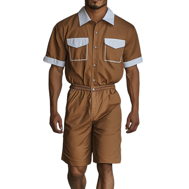 Emilio | Men'S Casual Cotton Blend Colorblock Lapel Chest Pocket Short Sleeve Shirt Shorts Slim Jumpsuit