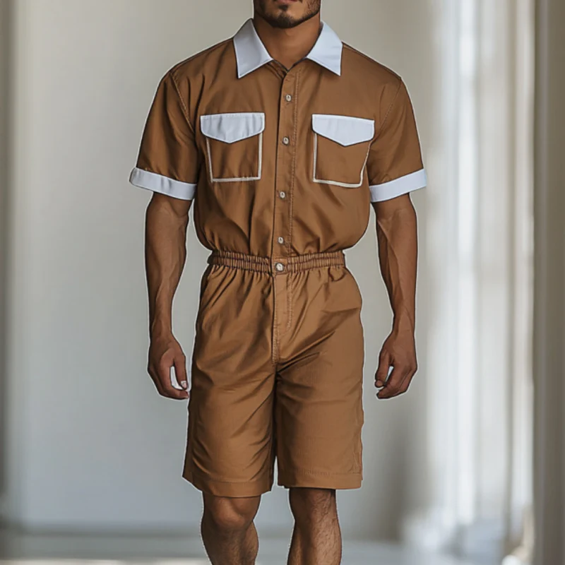 Emilio | Men'S Casual Cotton Blend Colorblock Lapel Chest Pocket Short Sleeve Shirt Shorts Slim Jumpsuit - Image 3