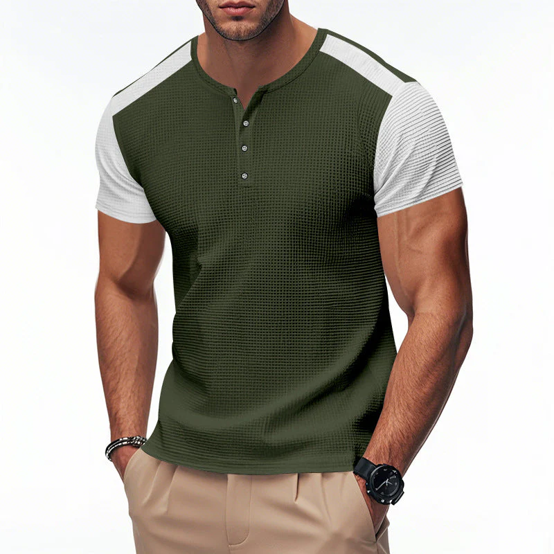 Erik | Men'S Spring And Summer Fashion Casual Waffle Color Contrast Stitching Henry Collar Short Sleeve T-Shirt