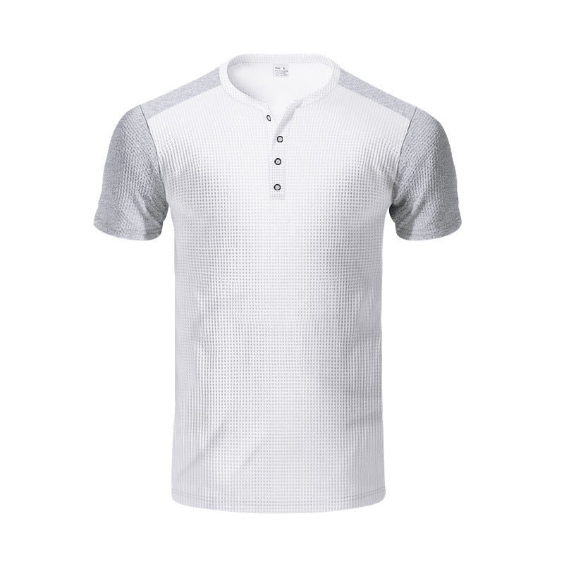 Erik | Men'S Spring And Summer Fashion Casual Waffle Color Contrast Stitching Henry Collar Short Sleeve T-Shirt - Image 4