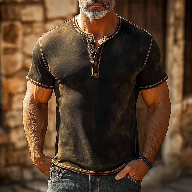 Erik | Men'S Vintage Distressed Print Short Sleeve Henley Neck T-Shirt - Image 2