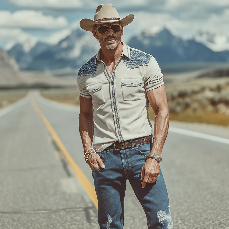 Ernie | Men'S Spring And Summer Fashion Casual Suede Splicing Ribbon Slim Short Sleeve Shirt - Image 3