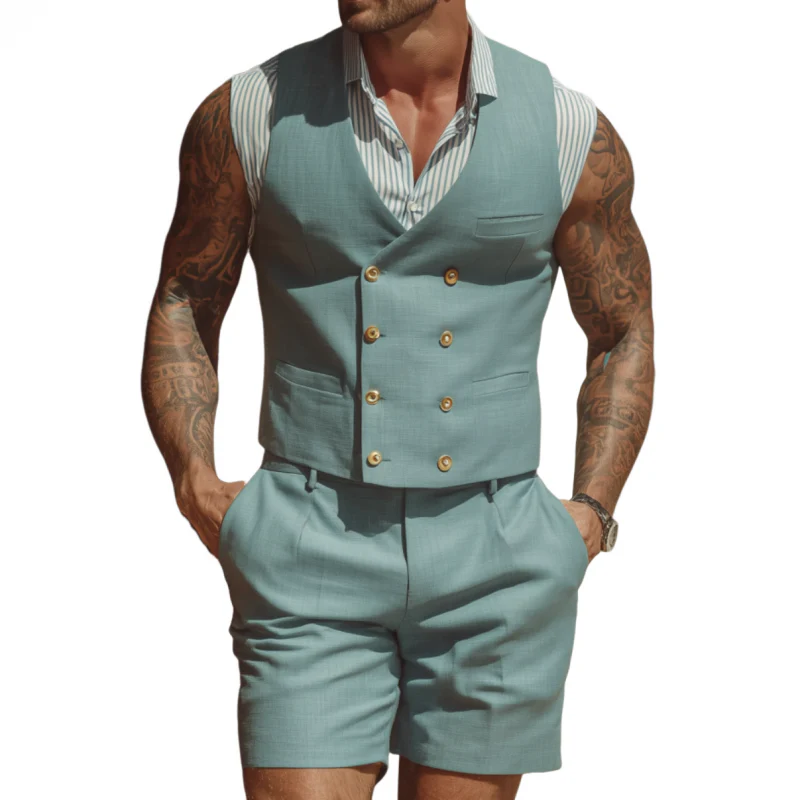 Ernie | Men'S Vintage Elegant Cotton Blend V-Neck Double-Breasted Slim Fit Suit Vest Shorts Set (Shirt Excluded)
