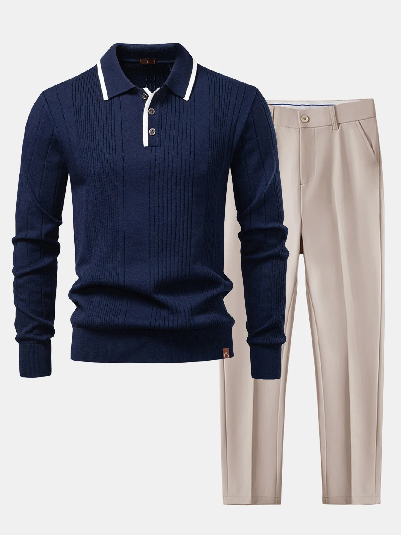 Escipión® | Long Sleeved Knitted Stripe Jacquard Polo Shirt & Slim Fit Tapered Trousers