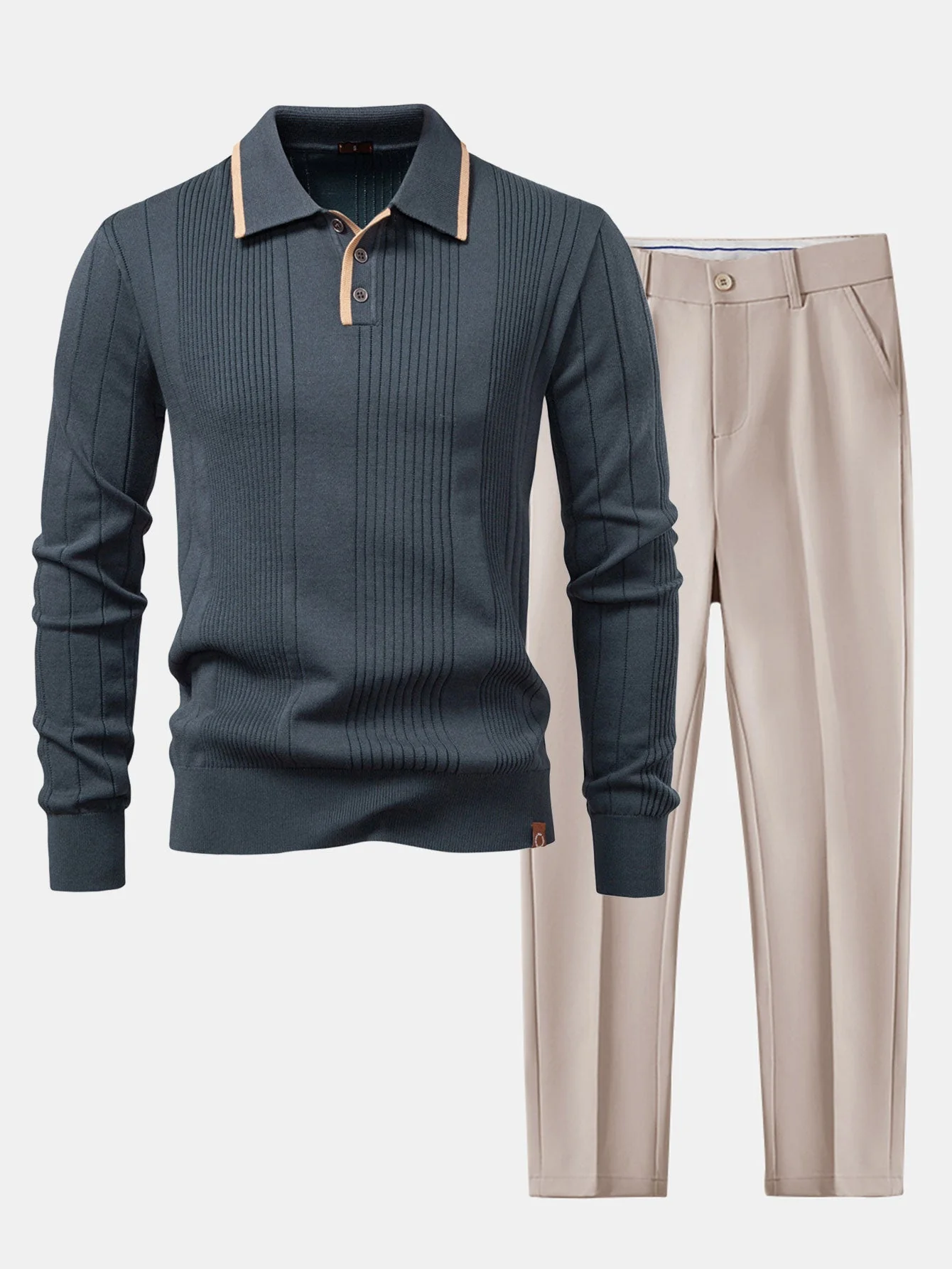 Escipión® | Long Sleeved Knitted Stripe Jacquard Polo Shirt & Slim Fit Tapered Trousers - Image 10