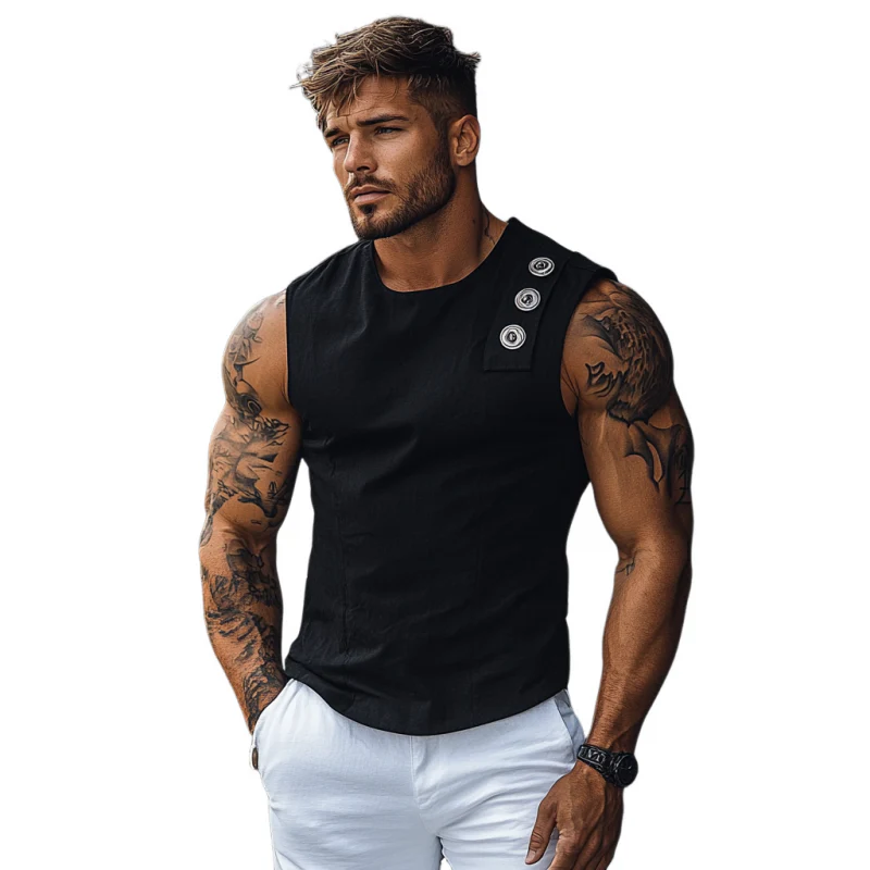 Esteban | Men'S Casual Breathable Cotton Round Neck Button Decoration Slim Fit Tank Top - Image 2