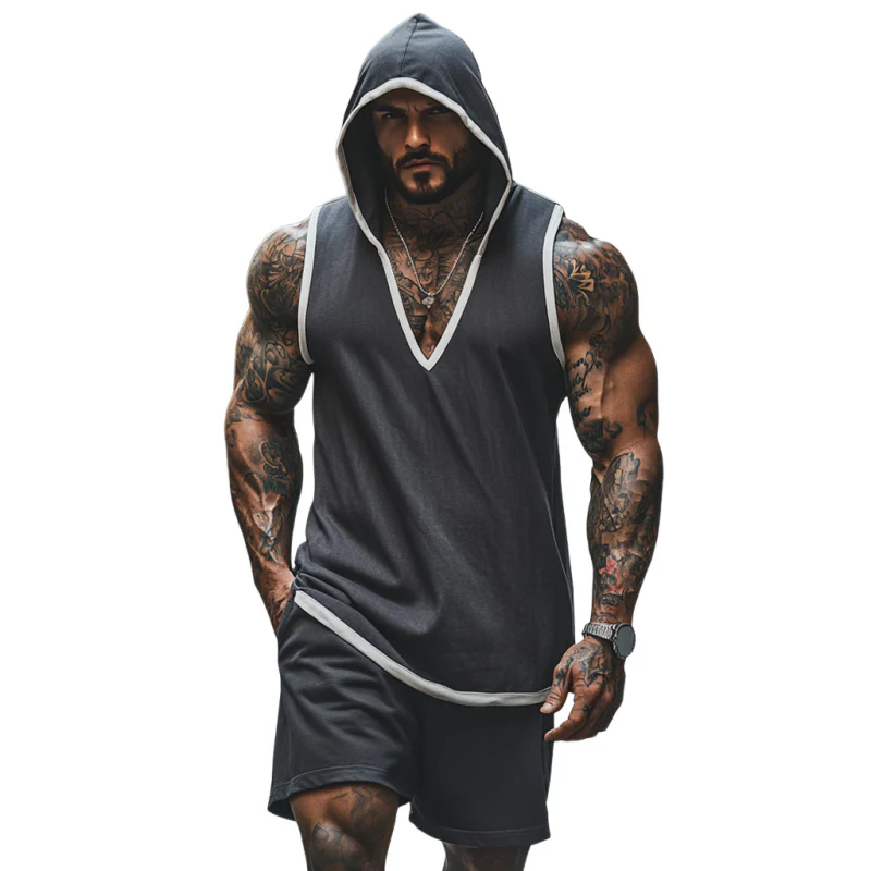 Ethan | Men'S Casual Breathable Cotton Colorblock V-Neck Hooded Tank Top Elastic Waist Shorts Sports Set