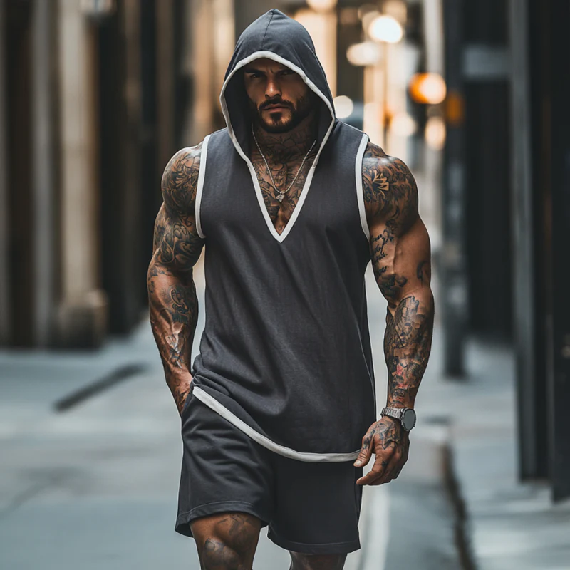Ethan | Men'S Casual Breathable Cotton Colorblock V-Neck Hooded Tank Top Elastic Waist Shorts Sports Set - Image 2