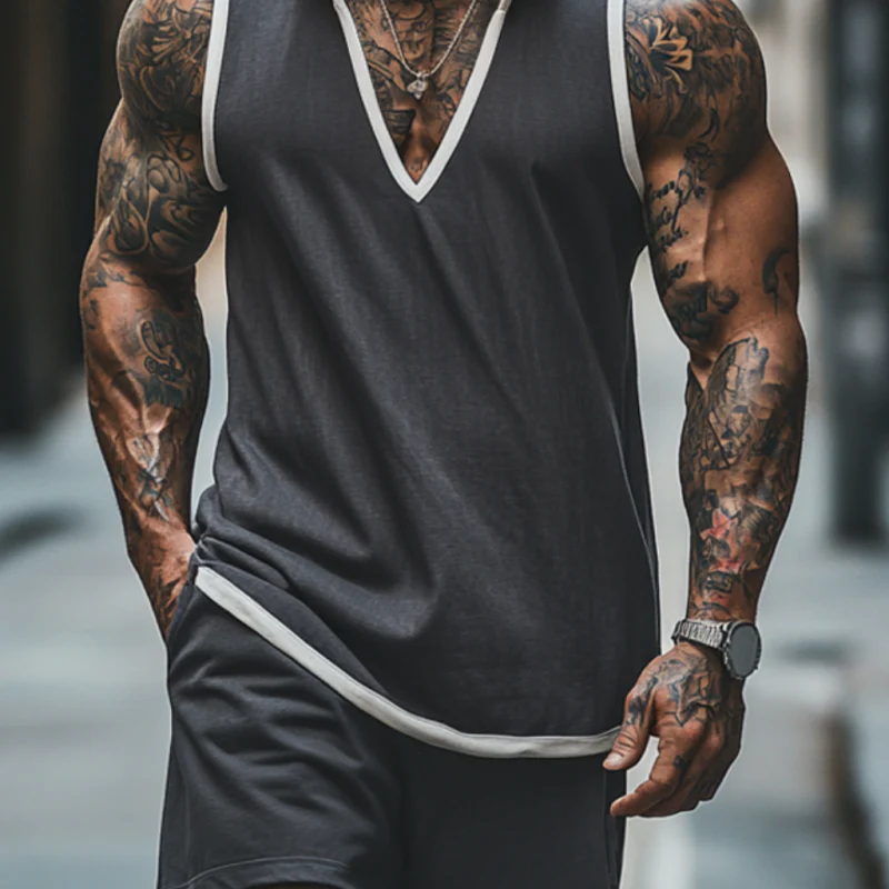 Ethan | Men'S Casual Breathable Cotton Colorblock V-Neck Hooded Tank Top Elastic Waist Shorts Sports Set - Image 3
