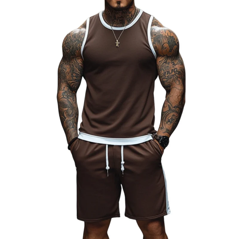 Eugene | Men'S Casual Breathable Cotton Colorblock Round Neck Tank Top Elastic Waist Shorts Sports Set