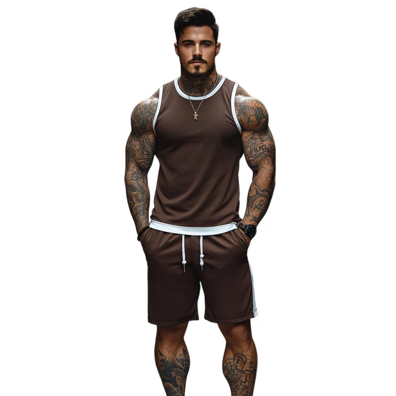 Eugene | Men'S Casual Breathable Cotton Colorblock Round Neck Tank Top Elastic Waist Shorts Sports Set - Image 2
