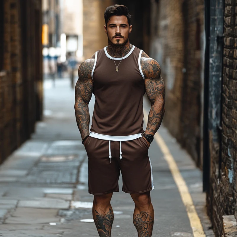Eugene | Men'S Casual Breathable Cotton Colorblock Round Neck Tank Top Elastic Waist Shorts Sports Set - Image 4