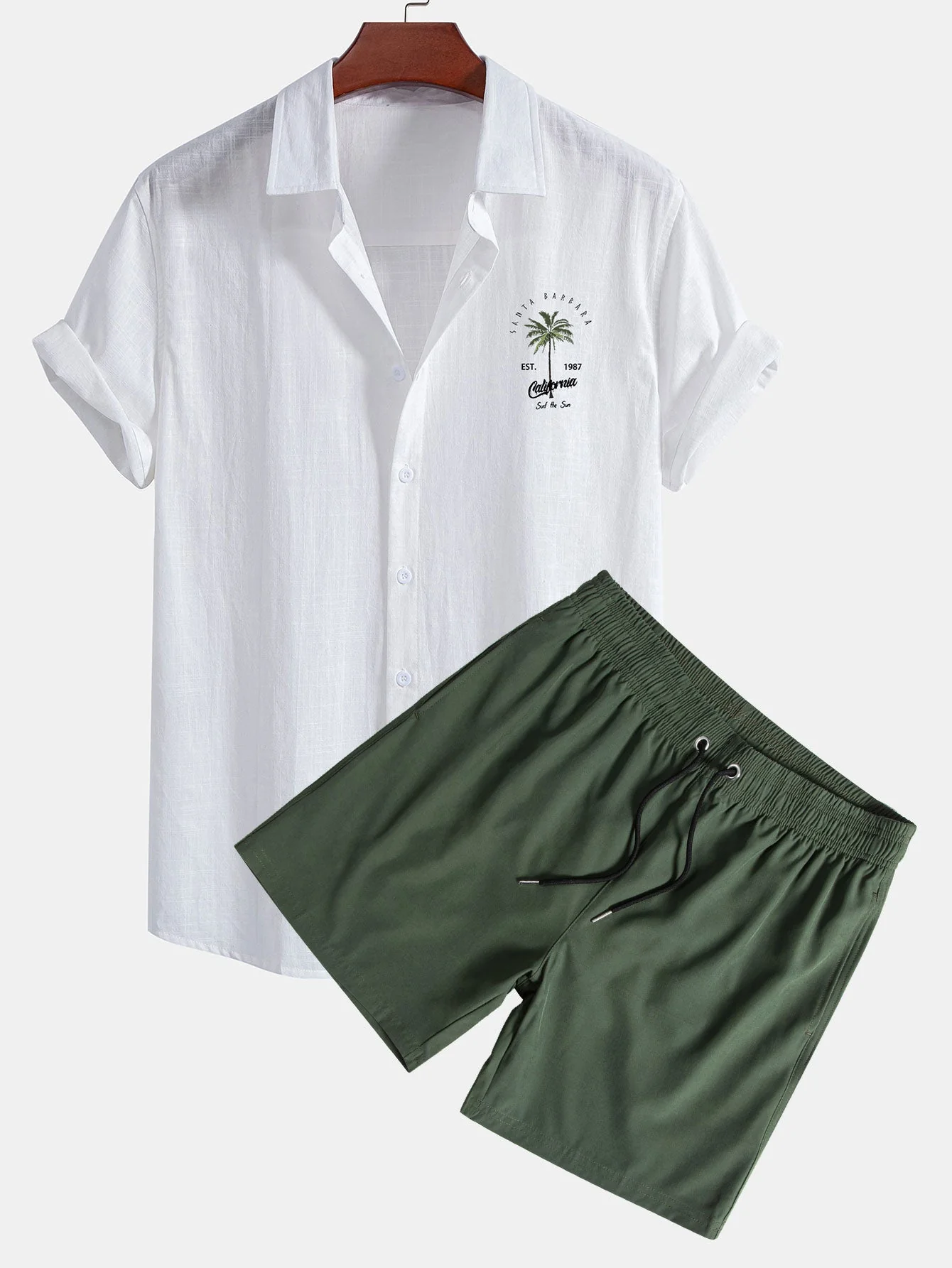Eugenio® | Palm Tree Print Linen Look Cotton Button Up Shirt & Swim Shorts