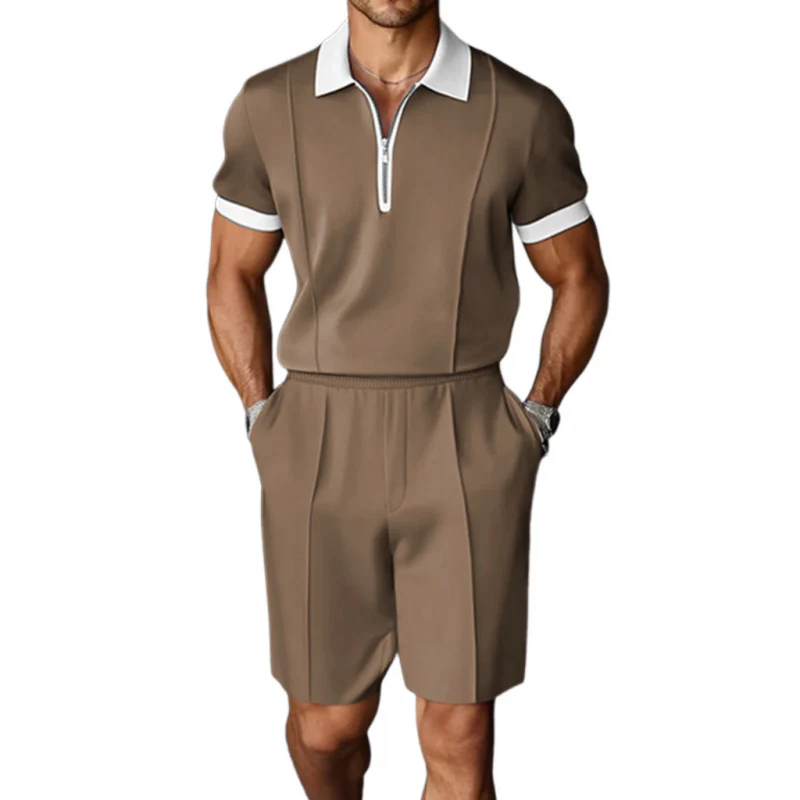 Evan | Men'S Casual Breathable Cotton Colorblock Zipper Lapel Short Sleeve Polo Shirt Elastic Waist Shorts Set