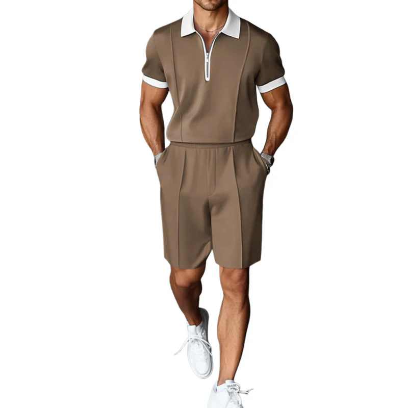 Evan | Men'S Casual Breathable Cotton Colorblock Zipper Lapel Short Sleeve Polo Shirt Elastic Waist Shorts Set - Image 2