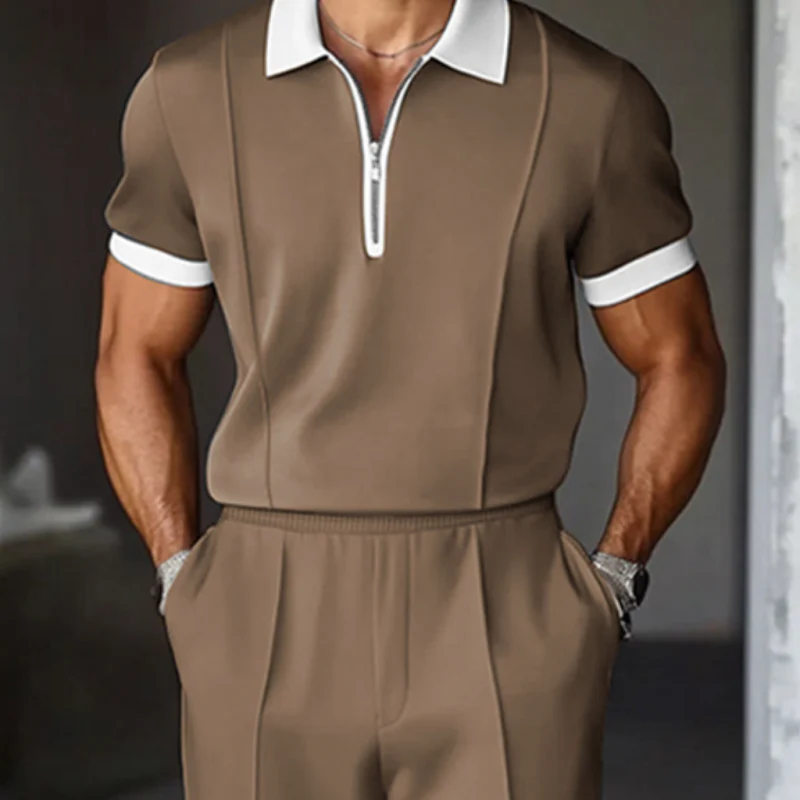 Evan | Men'S Casual Breathable Cotton Colorblock Zipper Lapel Short Sleeve Polo Shirt Elastic Waist Shorts Set - Image 3