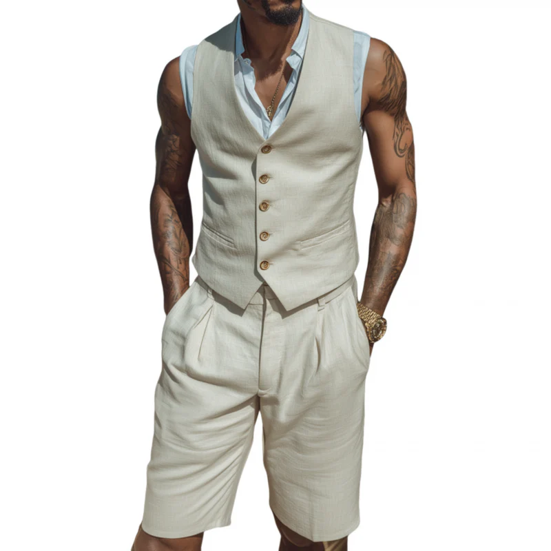 Fabian | Men'S Vintage Elegant Cotton Blend V-Neck Single-Breasted Slim Fit Suit Vest Shorts Set (T-Shirt Excluded)