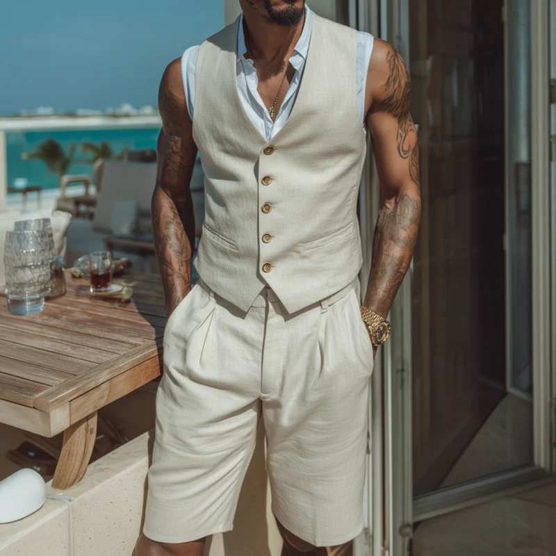 Fabian | Men'S Vintage Elegant Cotton Blend V-Neck Single-Breasted Slim Fit Suit Vest Shorts Set (T-Shirt Excluded) - Image 2