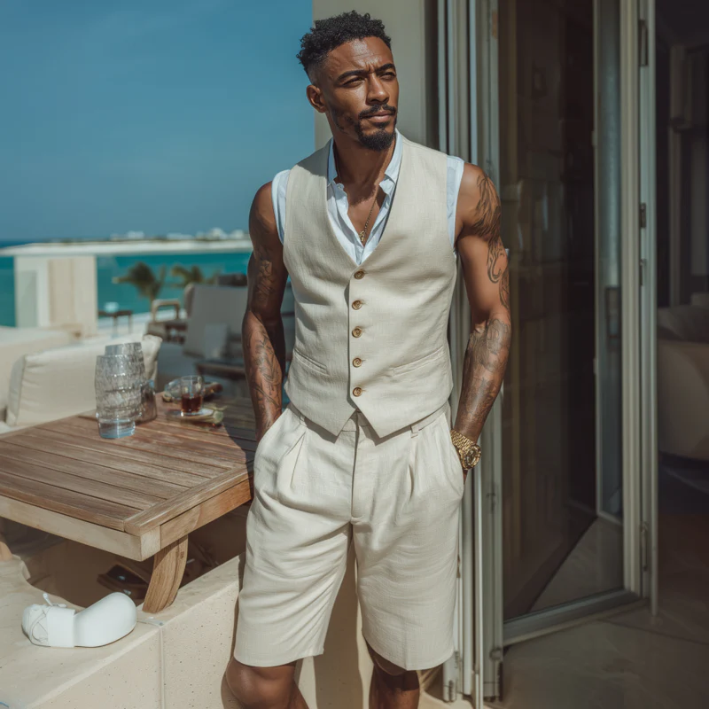 Fabian | Men'S Vintage Elegant Cotton Blend V-Neck Single-Breasted Slim Fit Suit Vest Shorts Set (T-Shirt Excluded) - Image 3