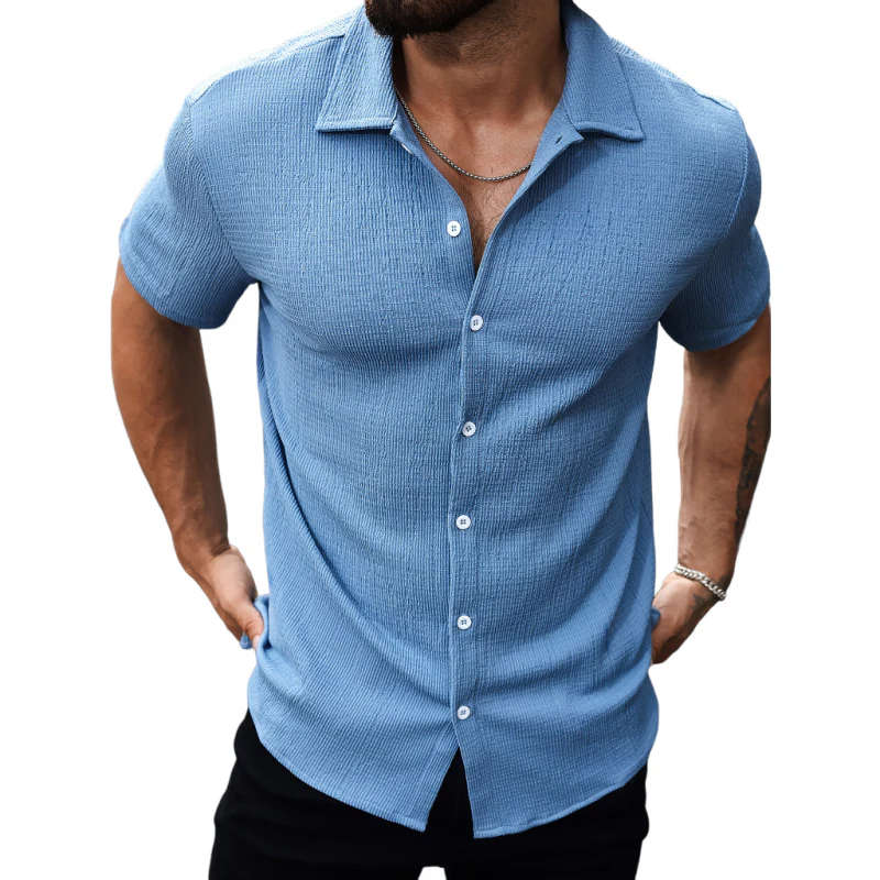 Fernando | Men'S Casual Cotton Blend Pleated Texture Lapel Slim Fit Short Sleeve Shirt - Image 3