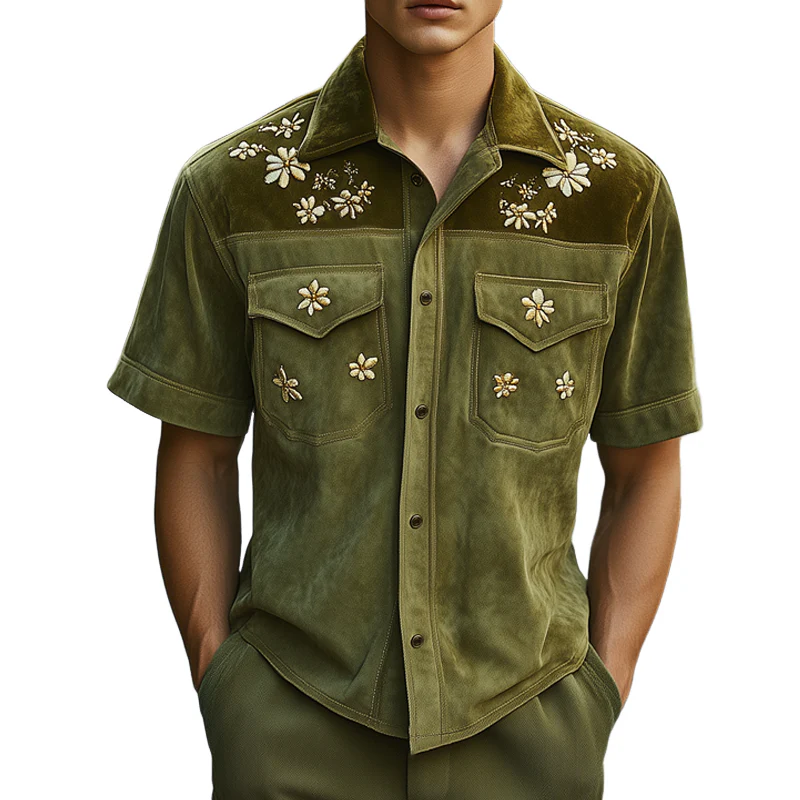 Fernando | Men'S Summer Floral Embroidery Colorblock Suede Short Sleeve Shirt