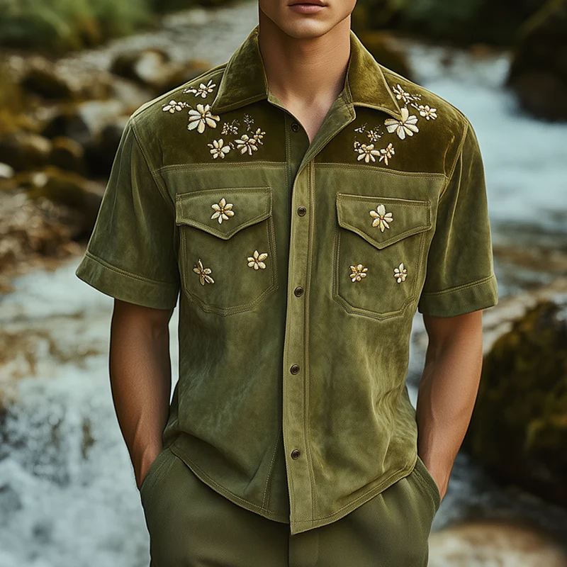 Fernando | Men'S Summer Floral Embroidery Colorblock Suede Short Sleeve Shirt - Image 2
