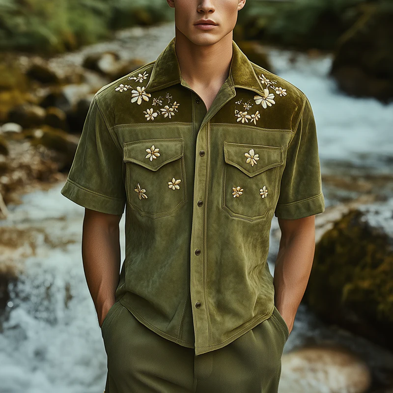 Fernando | Men'S Summer Floral Embroidery Colorblock Suede Short Sleeve Shirt - Image 3