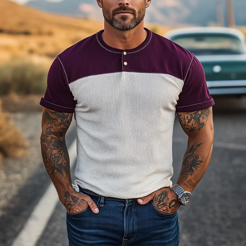 Fidel | Men'S Spring And Summer Casual Cotton Blend Splicing Waffle Henry Collar Short Sleeve T-Shirt - Image 2