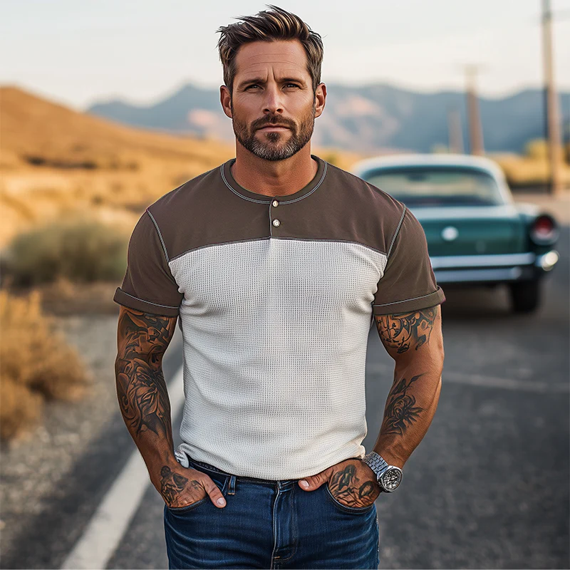 Fidel | Men'S Spring And Summer Casual Cotton Blend Splicing Waffle Henry Collar Short Sleeve T-Shirt - Image 4