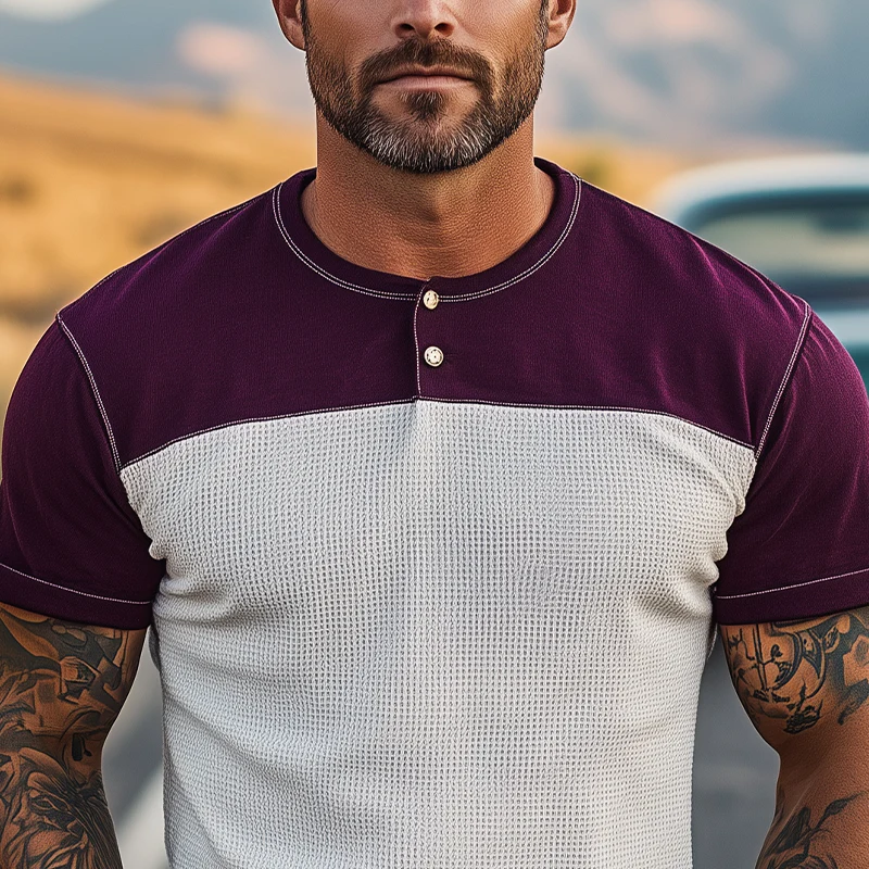 Fidel | Men'S Spring And Summer Casual Cotton Blend Splicing Waffle Henry Collar Short Sleeve T-Shirt - Image 6