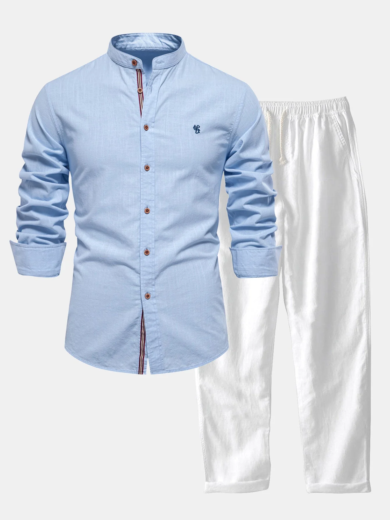Florentino® | Long Sleeve Linen Look Stand Collar Shirt & Straight Leg Linen Pants