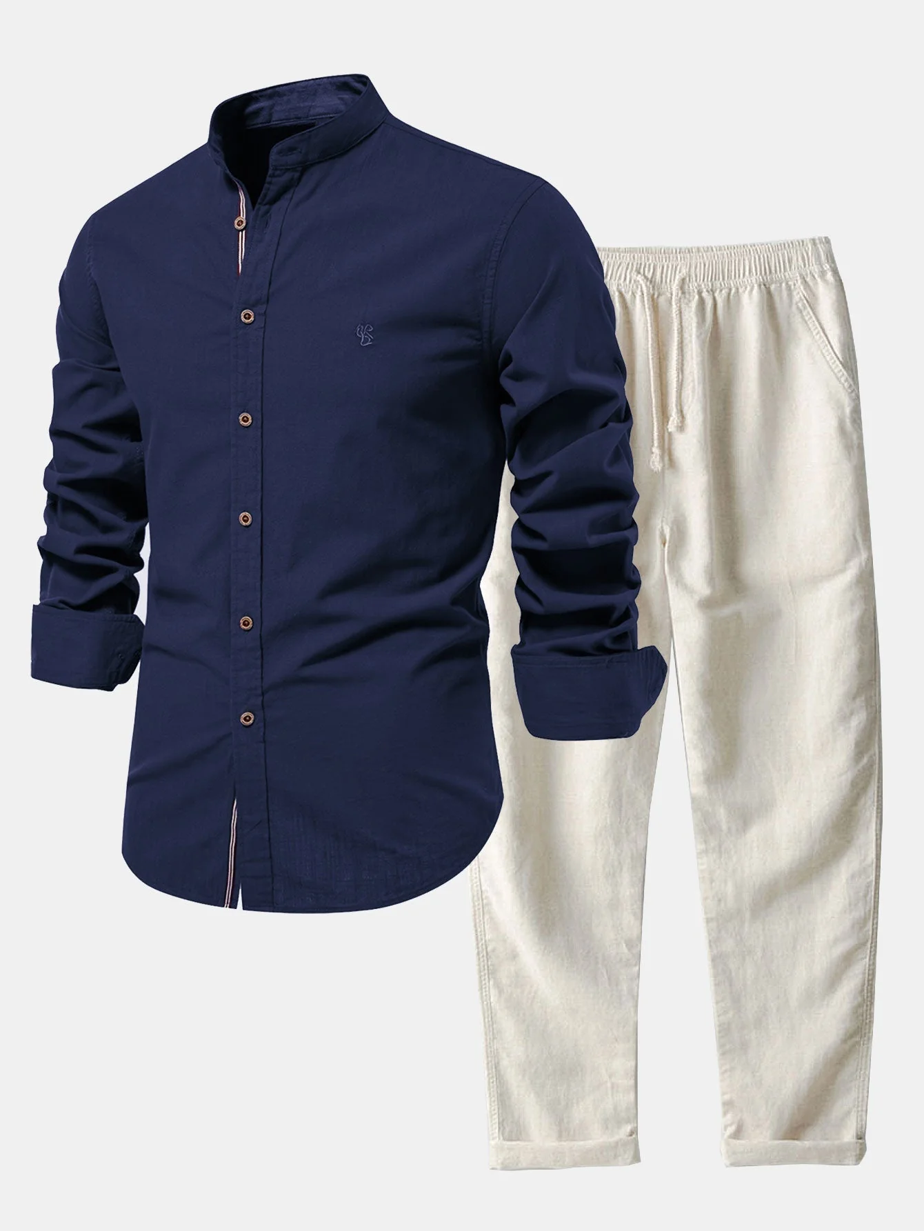 Florentino® | Long Sleeve Linen Look Stand Collar Shirt & Straight Leg Linen Pants - Image 12