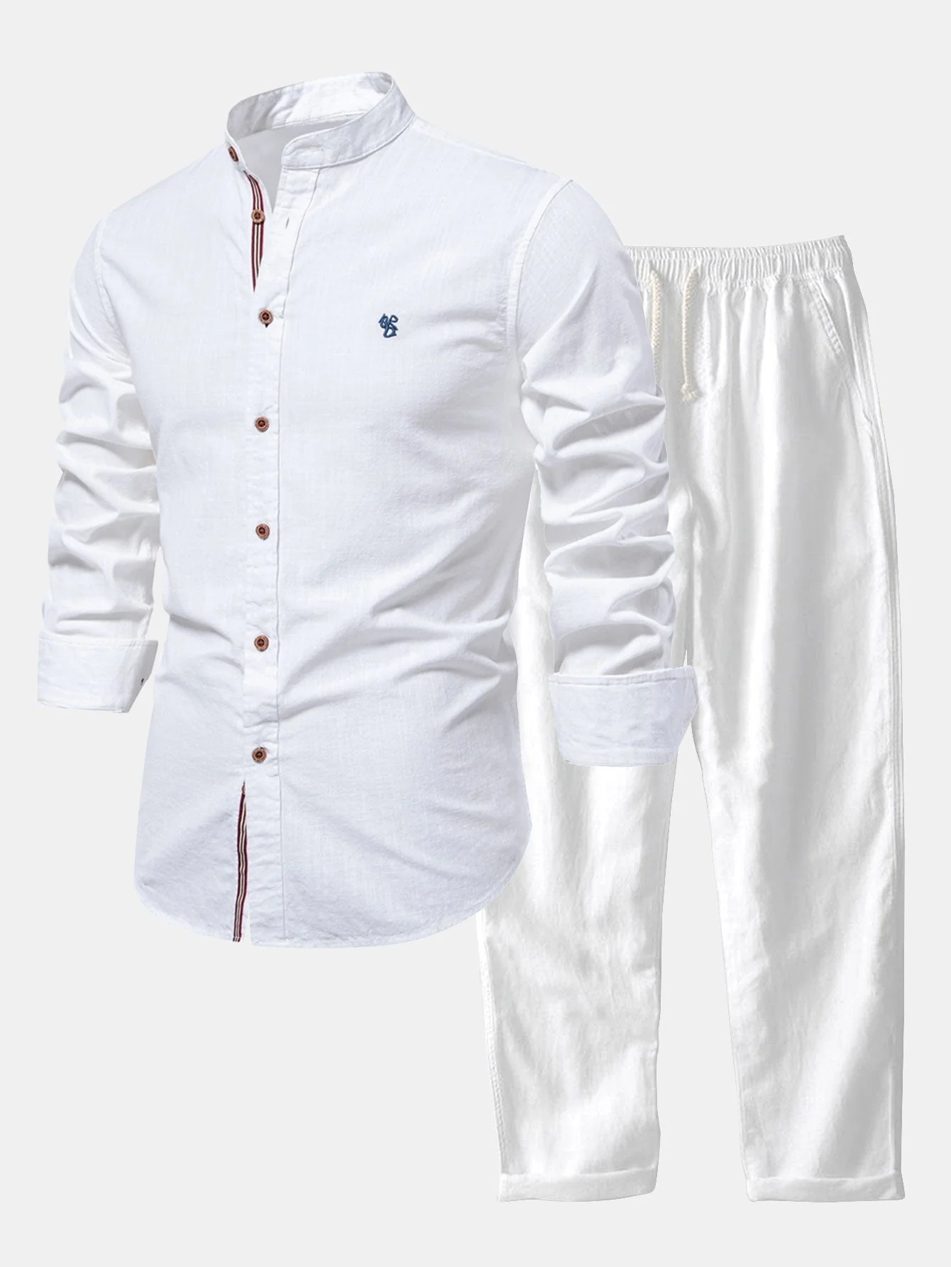 Florentino® | Long Sleeve Linen Look Stand Collar Shirt & Straight Leg Linen Pants - Image 20