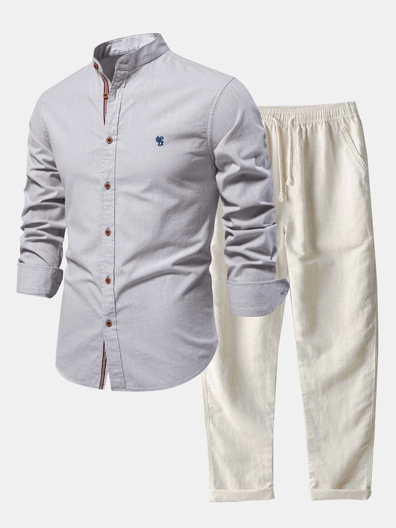 Florentino® | Long Sleeve Linen Look Stand Collar Shirt & Straight Leg Linen Pants - Image 23