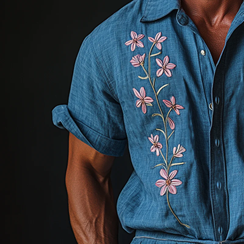 Forrest | Men'S Summer Fashion Embroidery Slub Cotton Short Sleeve Jumpsuit - Image 3