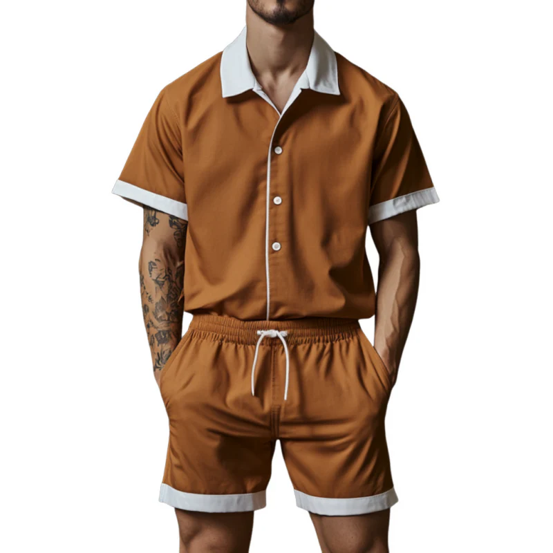 Francisco | Men'S Casual Cotton Blended Colorblock Lapel Loose Short Sleeve Shirt Elastic Waist Shorts Set