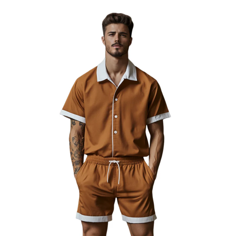 Francisco | Men'S Casual Cotton Blended Colorblock Lapel Loose Short Sleeve Shirt Elastic Waist Shorts Set - Image 2
