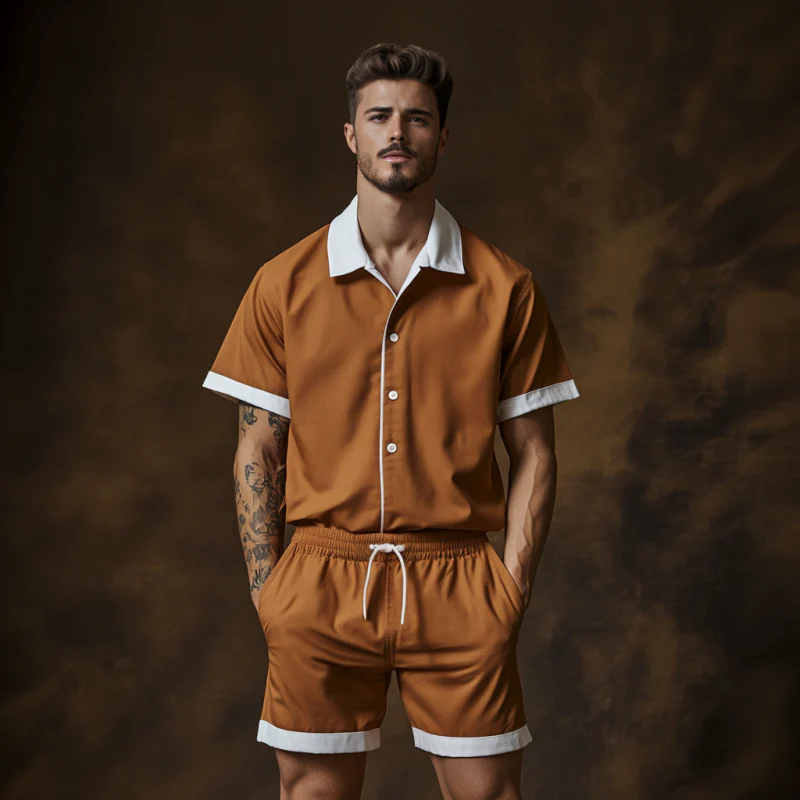 Francisco | Men'S Casual Cotton Blended Colorblock Lapel Loose Short Sleeve Shirt Elastic Waist Shorts Set - Image 4