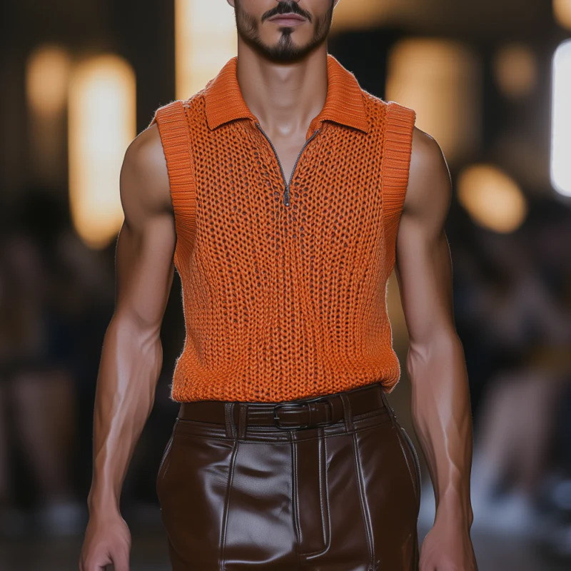 Gabriel | Men'S Casual Solid Color Lapel Zipper Slim Fit Breathable Knit Tank Top - Image 2