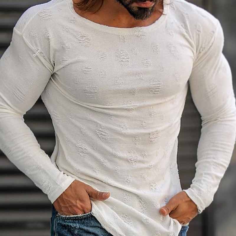 George | Men'S Casual Solid Color Ripped Long Sleeve T-Shirt - Image 3