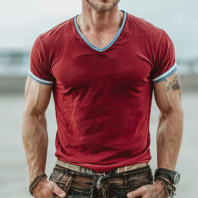 George | Men'S Retro Casual Colorblock V-Neck Short Sleeve T-Shirt - Image 2