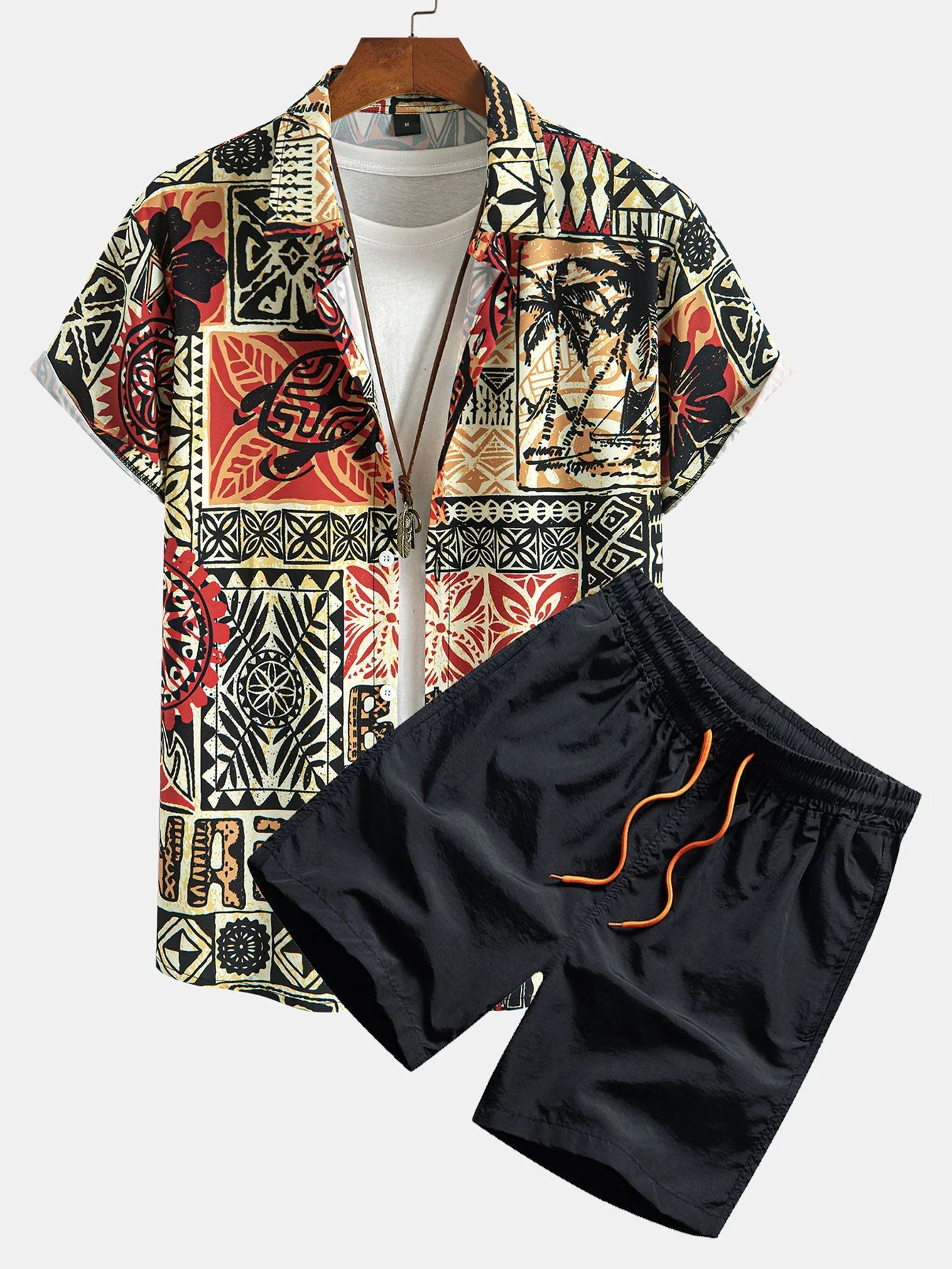 Giordano® | Palm Tree Turtle Ethnic Geometry Print Button Up Shirt & Swim Shorts